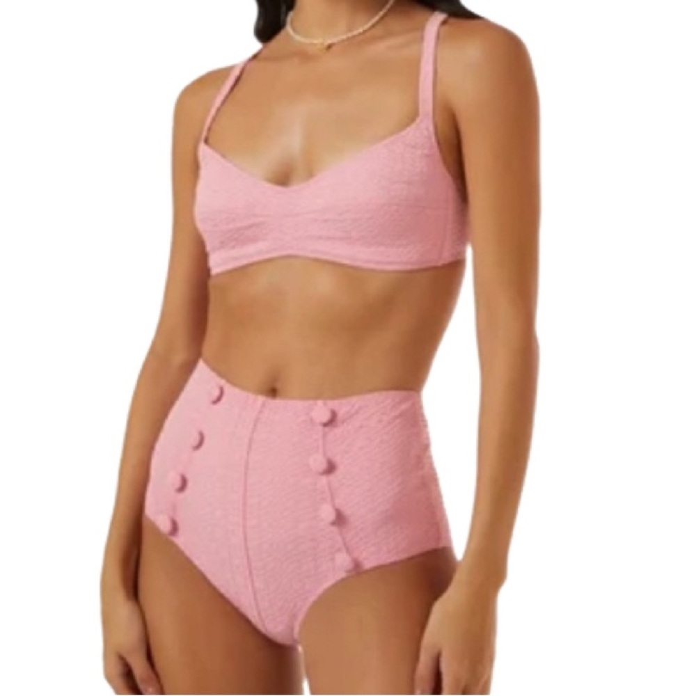 NWT Lisa Marie Fernandez Balconette High Waist Pink Seersucker Bikini - Sz XXS